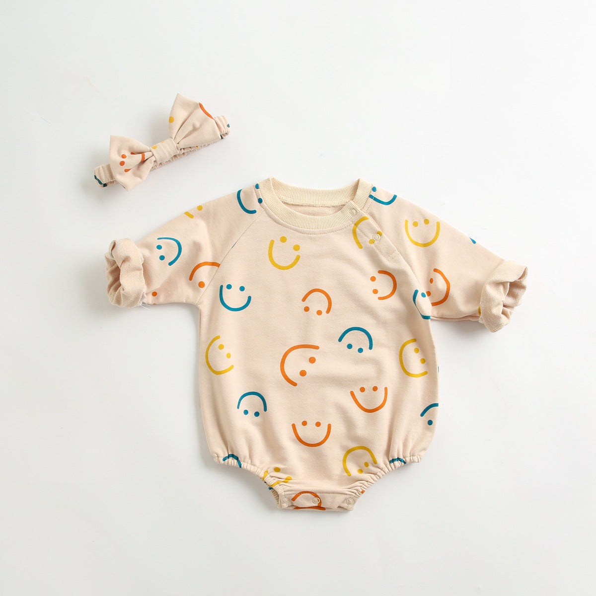Baby Girl Smiley Print Pattern Long-Sleeve Design Round Collar Onesies